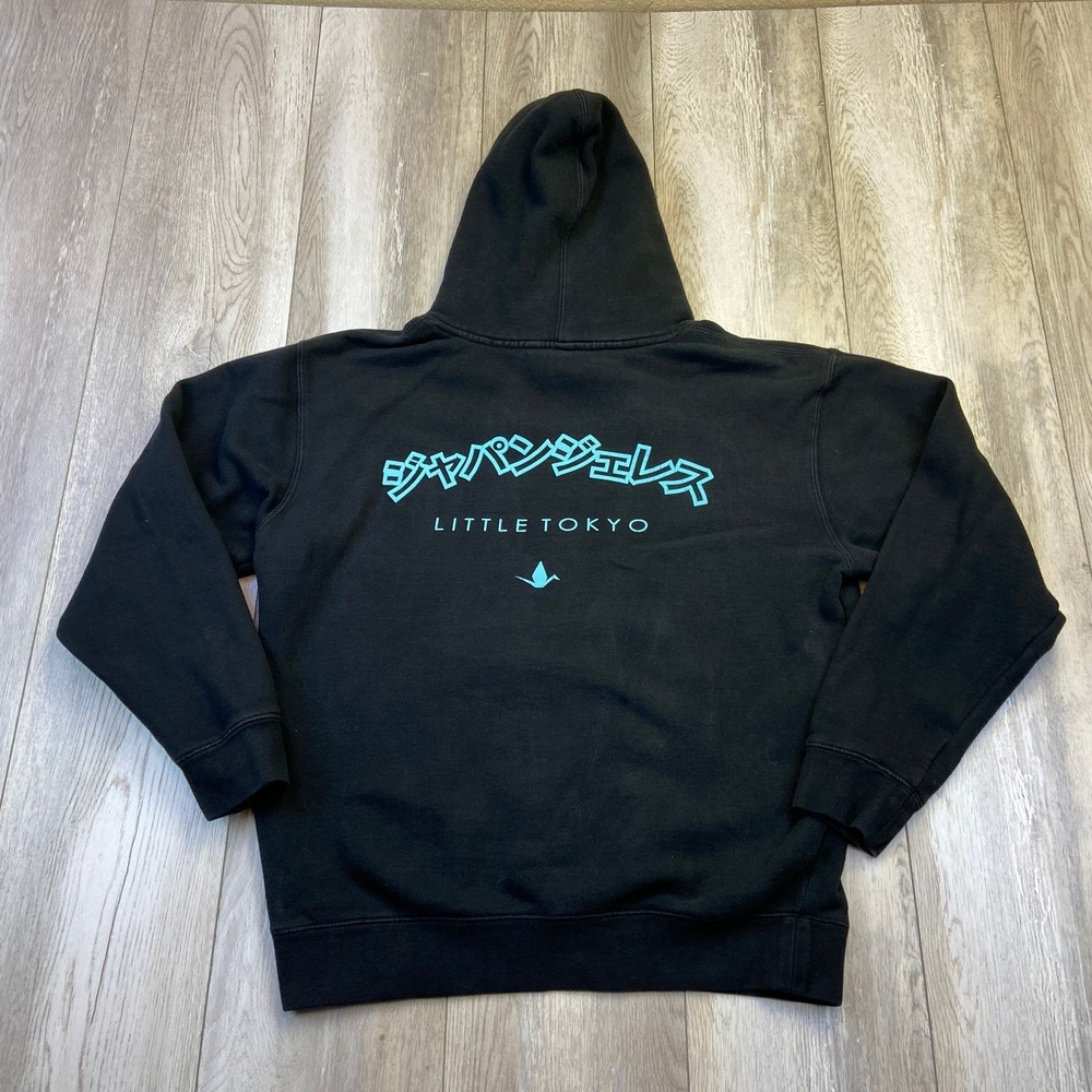 Japangeles Hoodie Mens Medium Black Blue Origami Bird Hooded Fleece Pullover *